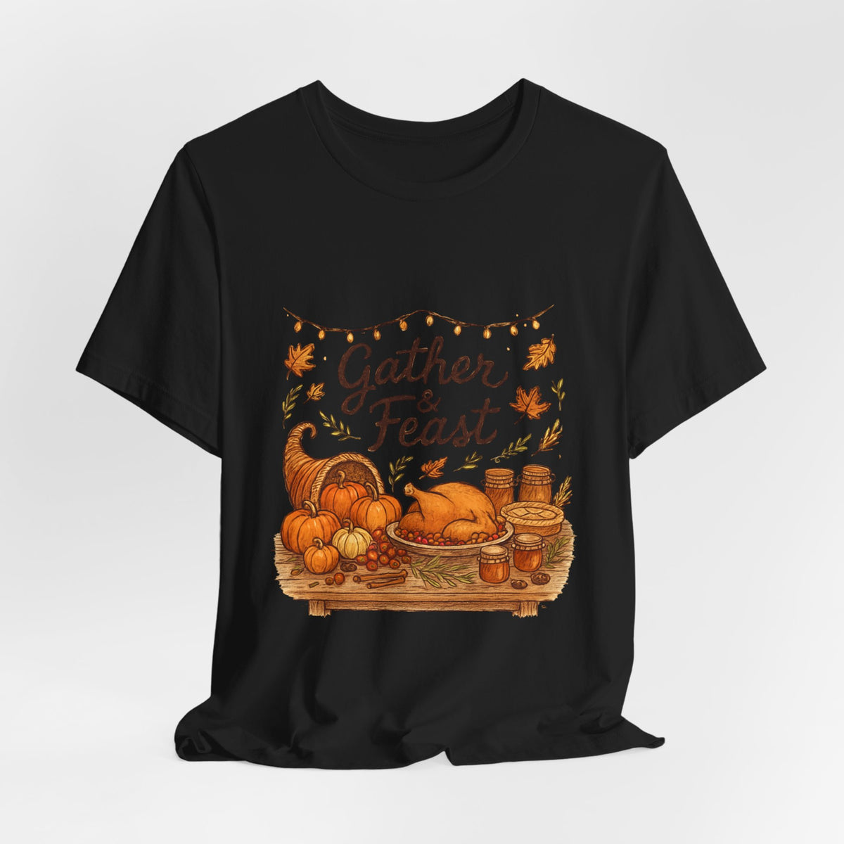 Gather & Feast Thanksgiving Tee — Autumn Cornucopia Fall Harvest Shirt