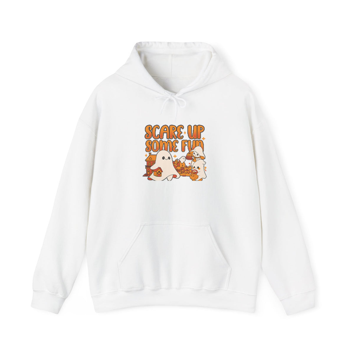 Happy Ghost Halloween Fun Hoodie, Cozy Sweatshirt, Fall Fashion, Gift for Her, Seasonal Apparel, Ghost and Pumpkin Design