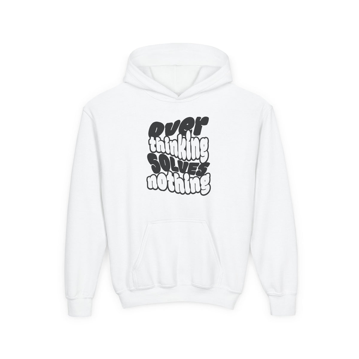 Youth Hoodie — "Overthinking Solves Nothing" Retro Bubble Letter Pullover
