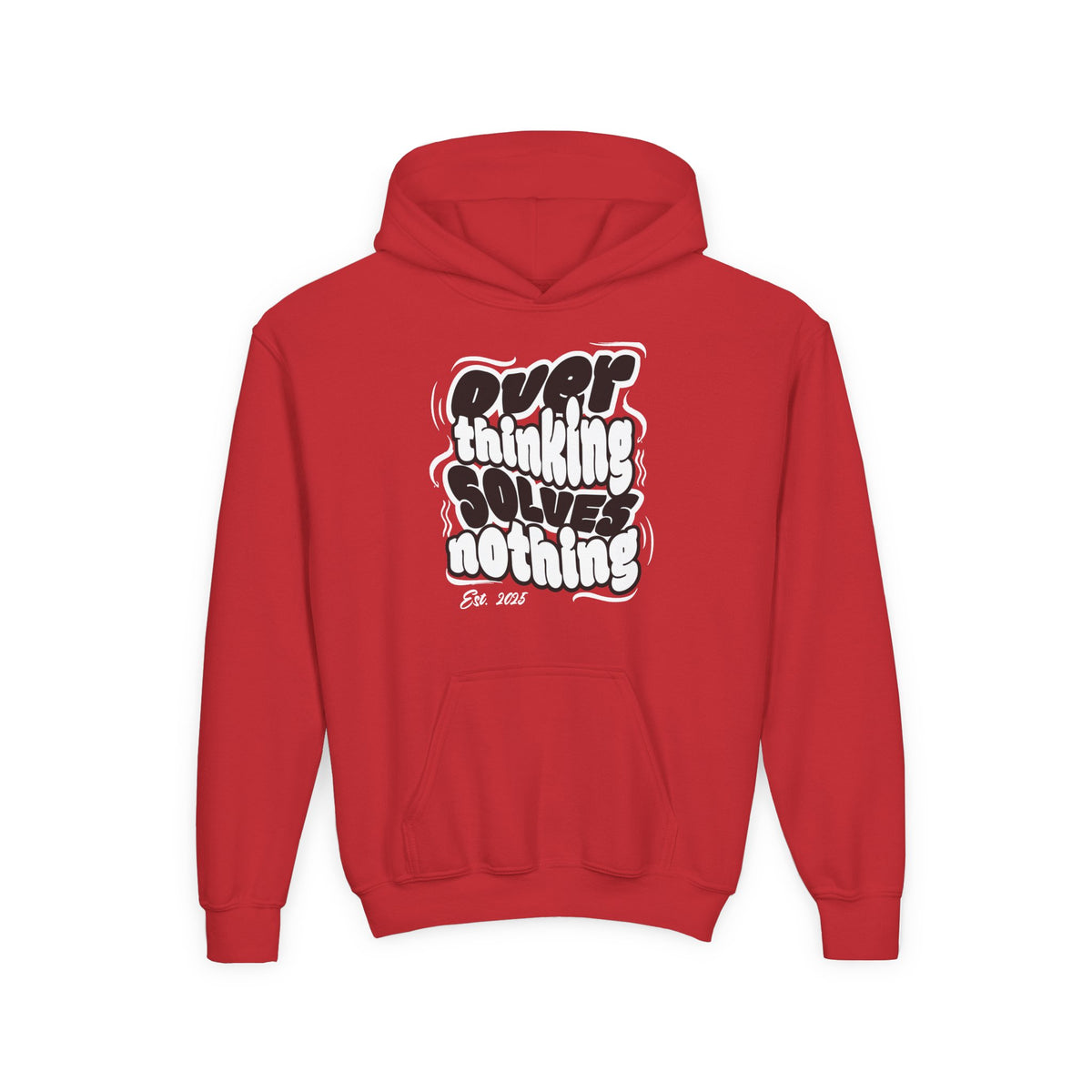 Youth Hoodie — "Overthinking Solves Nothing" Retro Bubble Letter Pullover