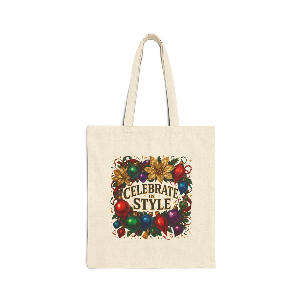 Celebrate in Style Holiday Tote Bag — Festive Ornament & Poinsettia Canvas Shopper