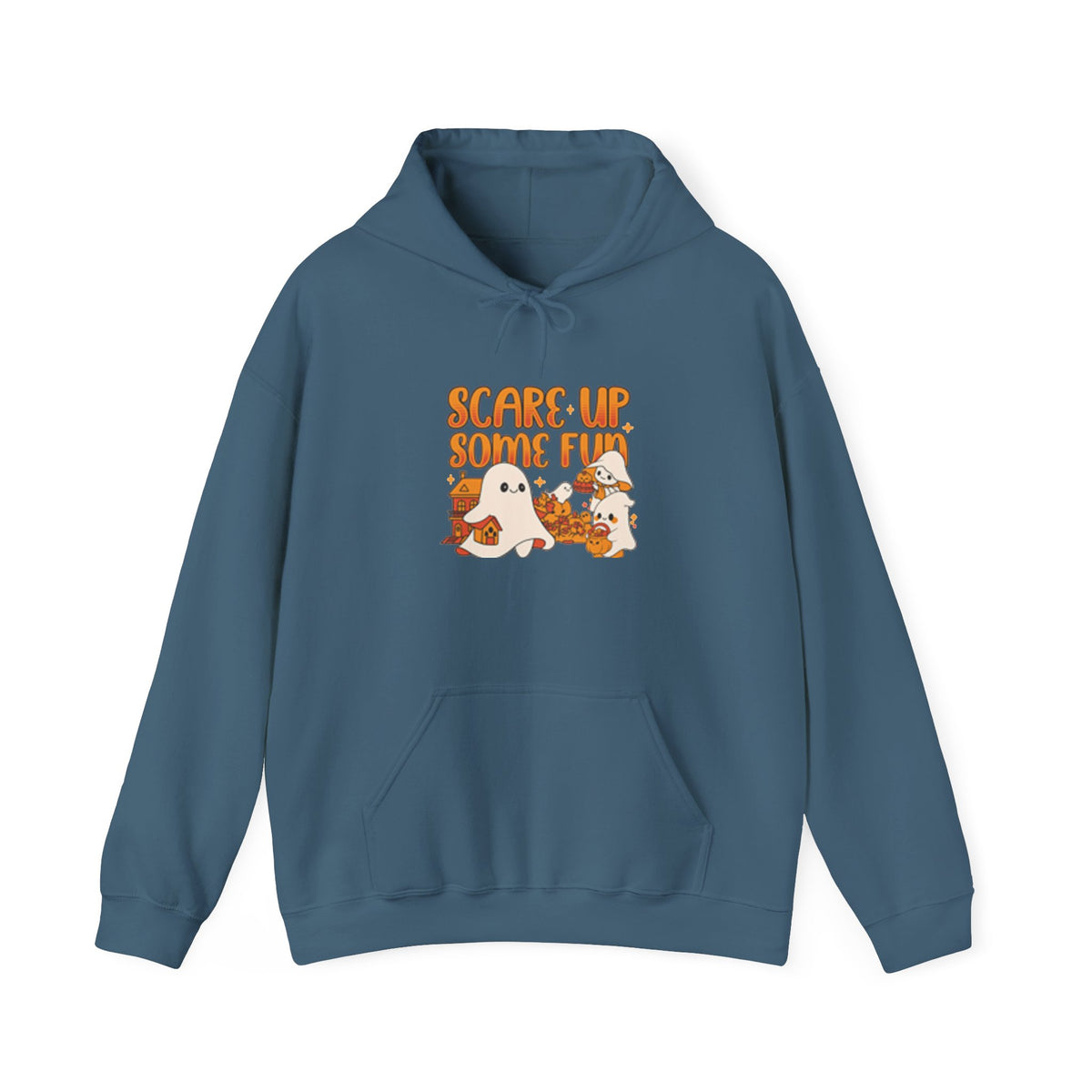Happy Ghost Halloween Fun Hoodie, Cozy Sweatshirt, Fall Fashion, Gift for Her, Seasonal Apparel, Ghost and Pumpkin Design