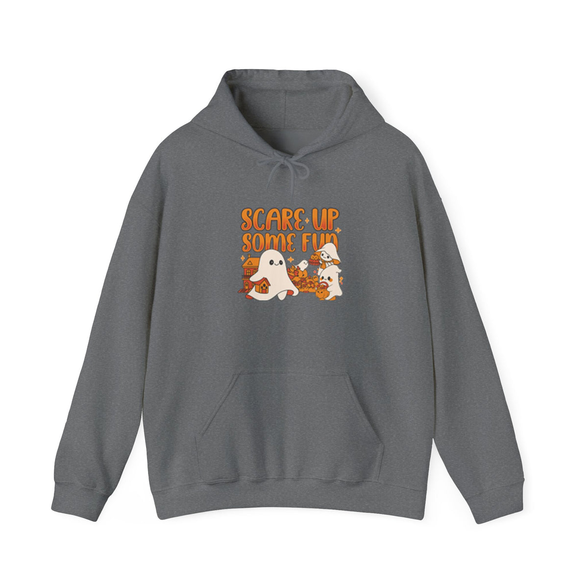 Happy Ghost Halloween Fun Hoodie, Cozy Sweatshirt, Fall Fashion, Gift for Her, Seasonal Apparel, Ghost and Pumpkin Design