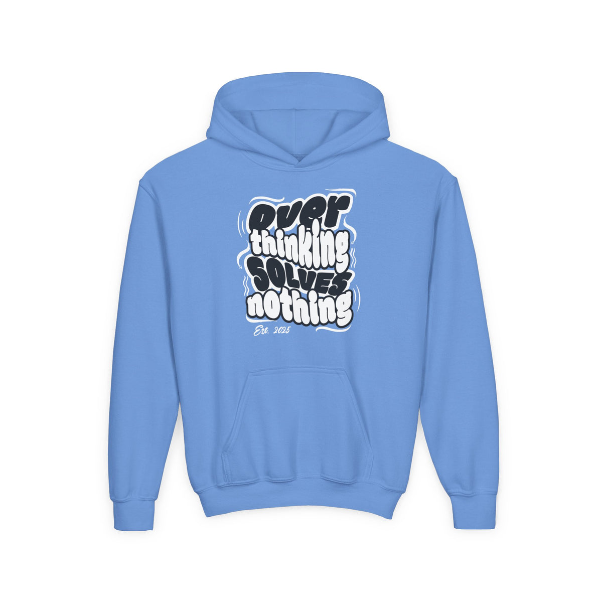 Youth Hoodie — "Overthinking Solves Nothing" Retro Bubble Letter Pullover