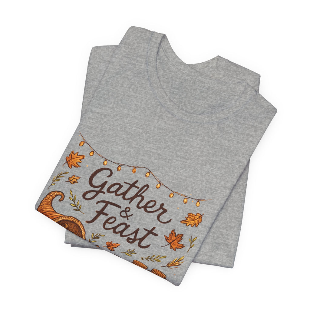 Gather & Feast Thanksgiving Tee — Autumn Cornucopia Fall Harvest Shirt