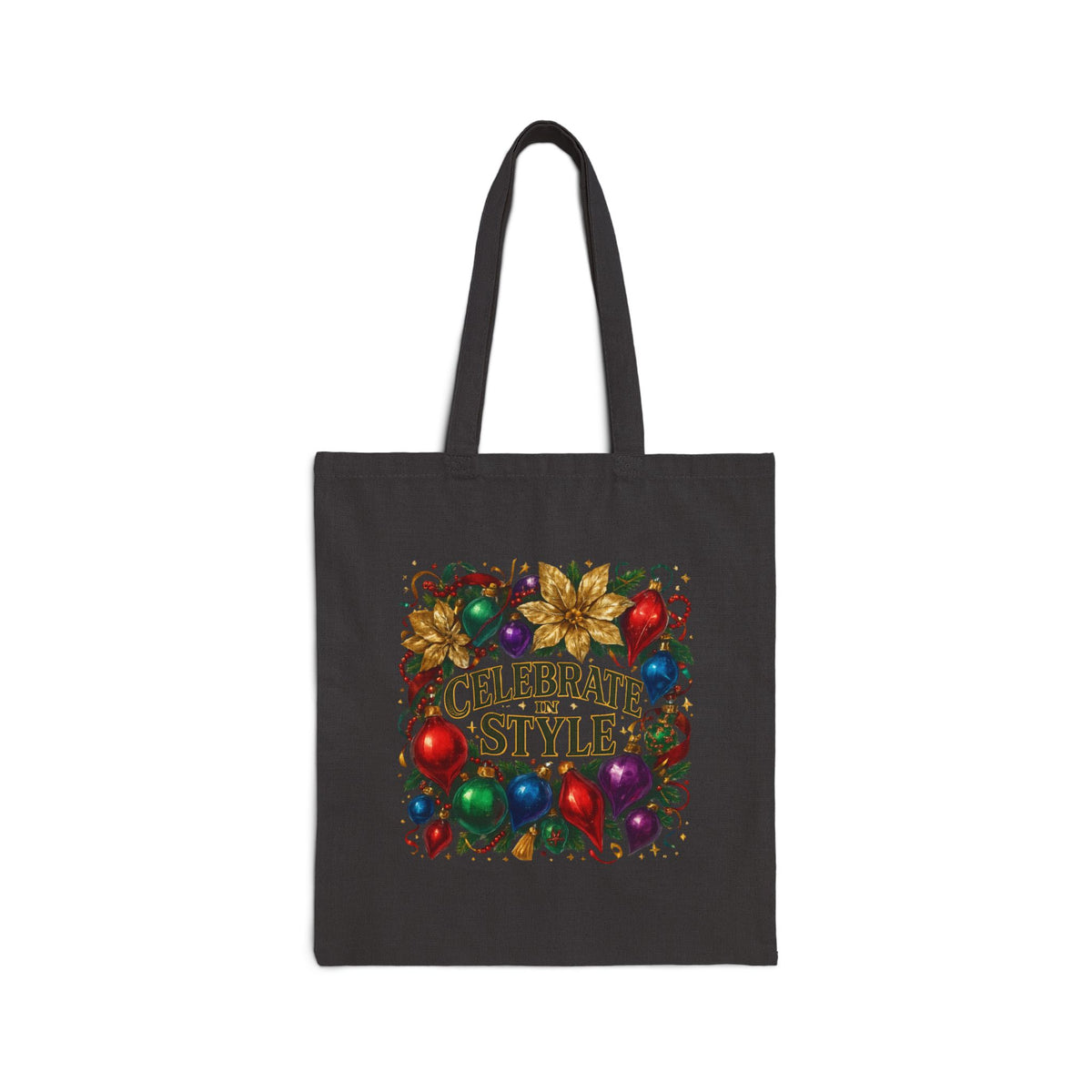 Celebrate in Style Holiday Tote Bag — Festive Ornament & Poinsettia Canvas Shopper