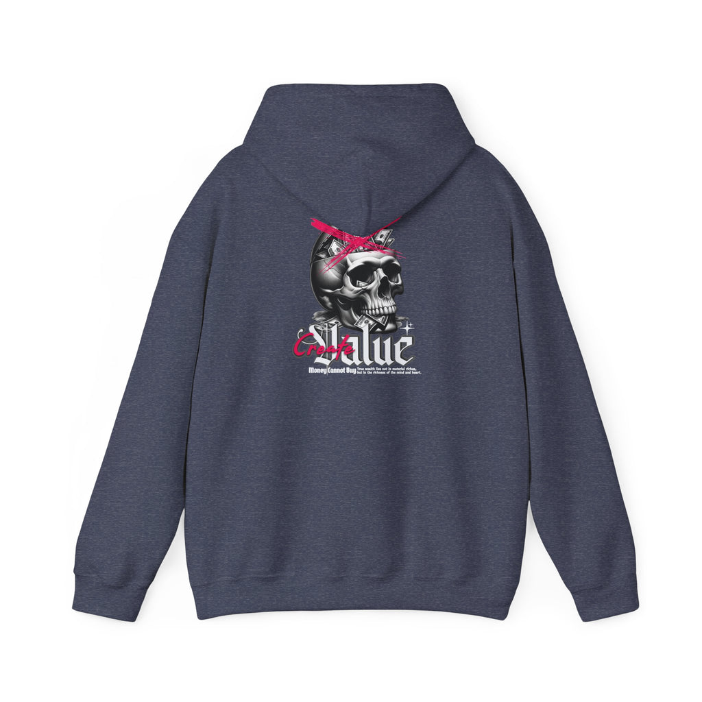 Money Cannot Buy Skull Hoodie, Unisex Heavy Blend Sweatshirt, Skate Style Apparel, Gothic Fashion, Casual Layering Top, Halloween Gift