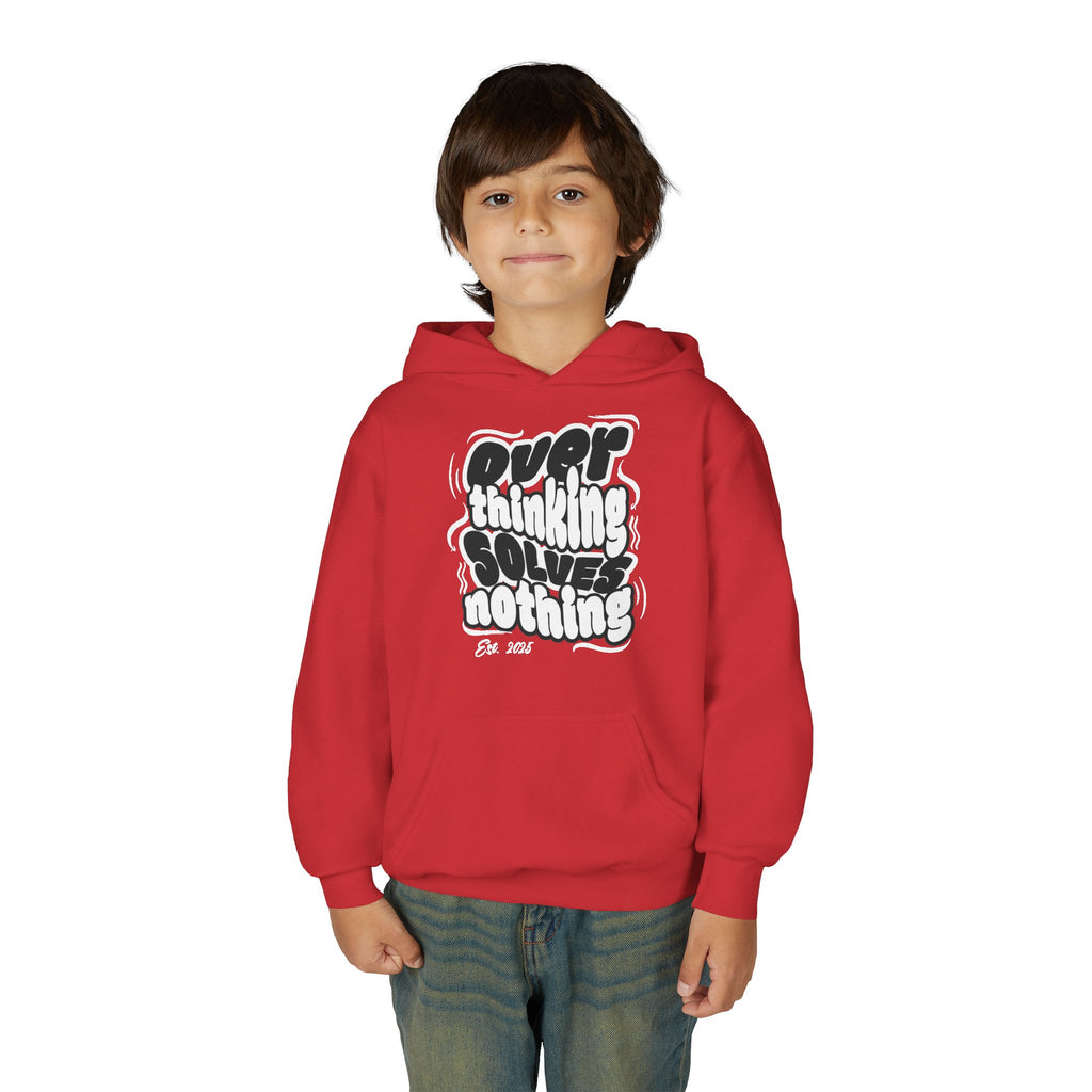 Youth Hoodie — "Overthinking Solves Nothing" Retro Bubble Letter Pullover