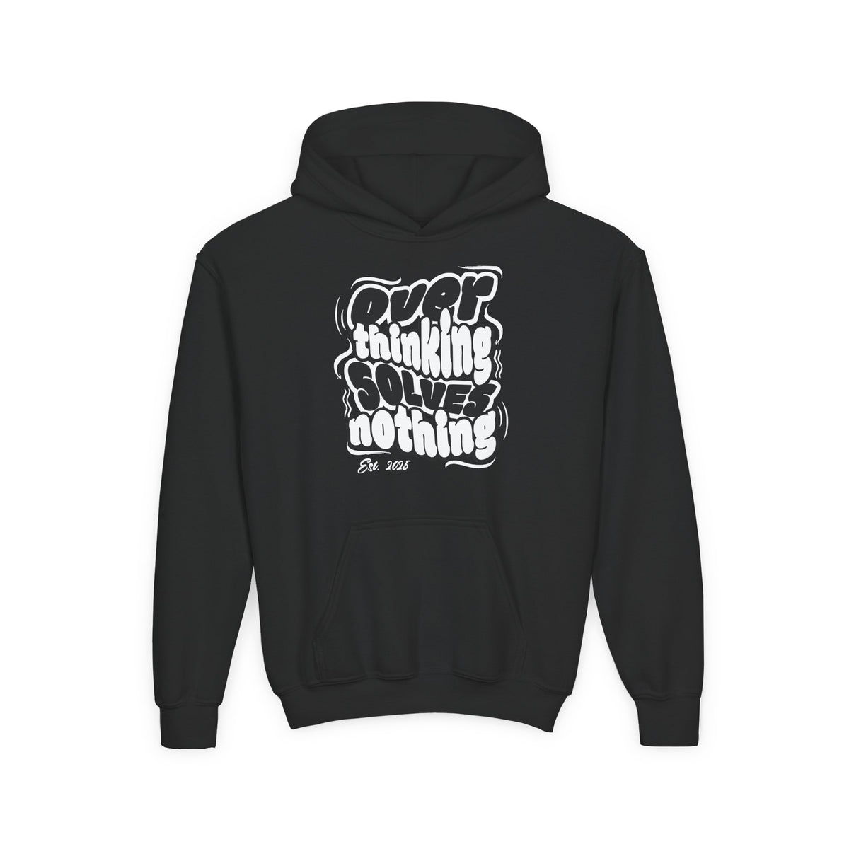 Youth Hoodie — "Overthinking Solves Nothing" Retro Bubble Letter Pullover