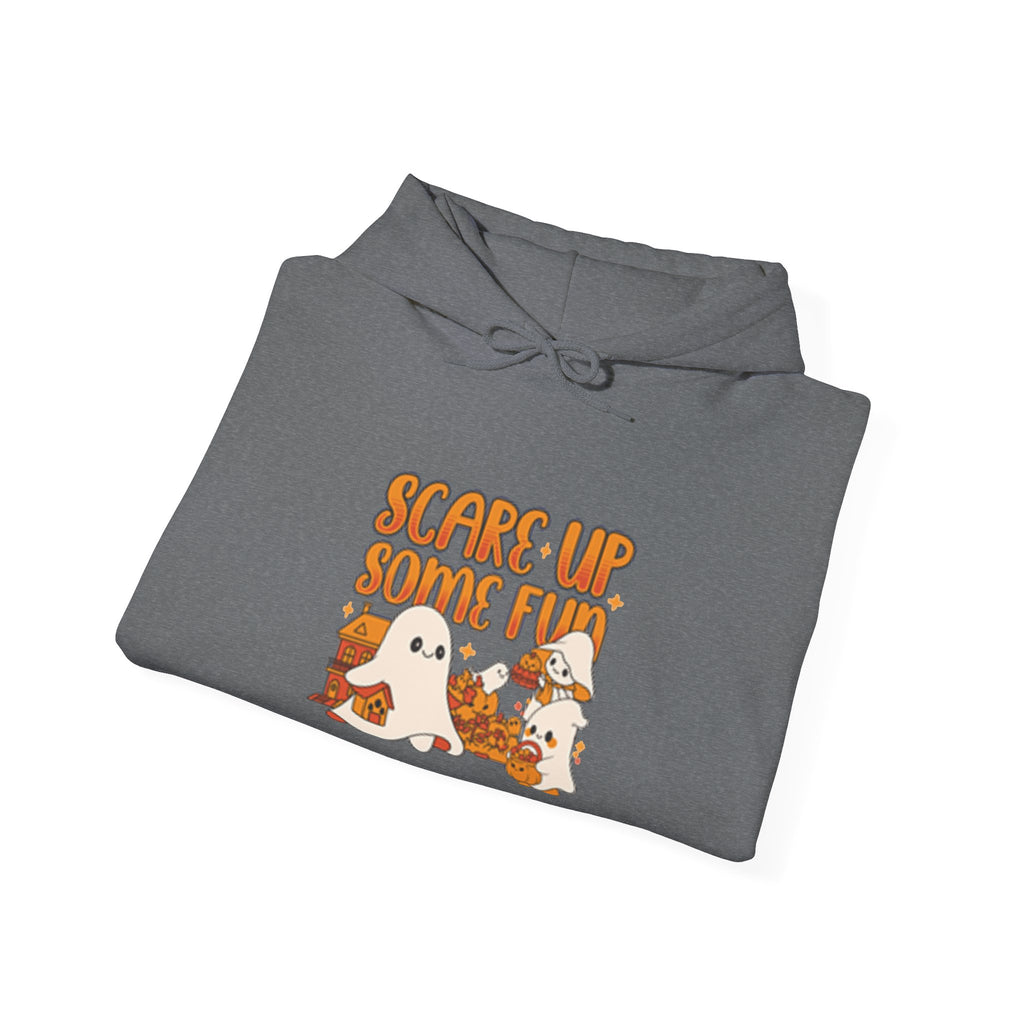 Happy Ghost Halloween Fun Hoodie, Cozy Sweatshirt, Fall Fashion, Gift for Her, Seasonal Apparel, Ghost and Pumpkin Design