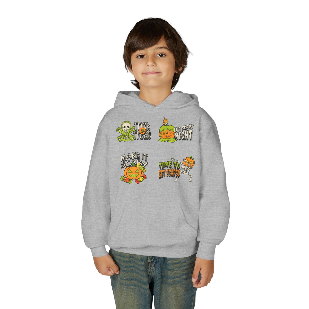 Youth Halloween Pumpkin Hoodie – Funny Spooky Character Graphic Sweatshirt
