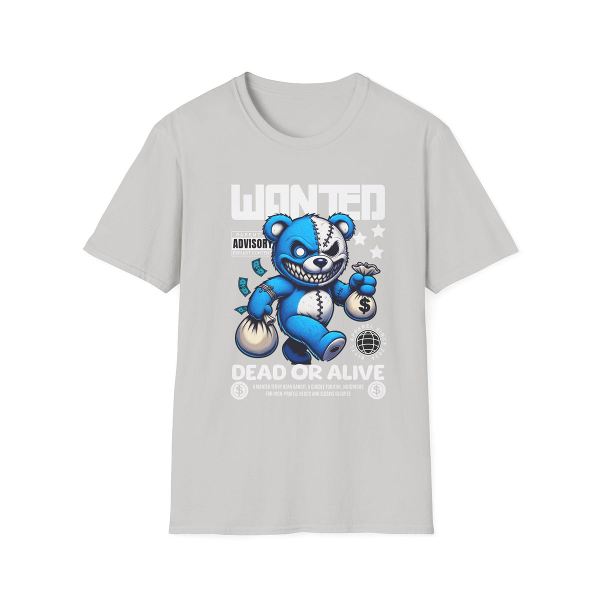 Wanted Dead or Alive Teddy T-Shirt — Edgy Blue Plush Graphic Tee