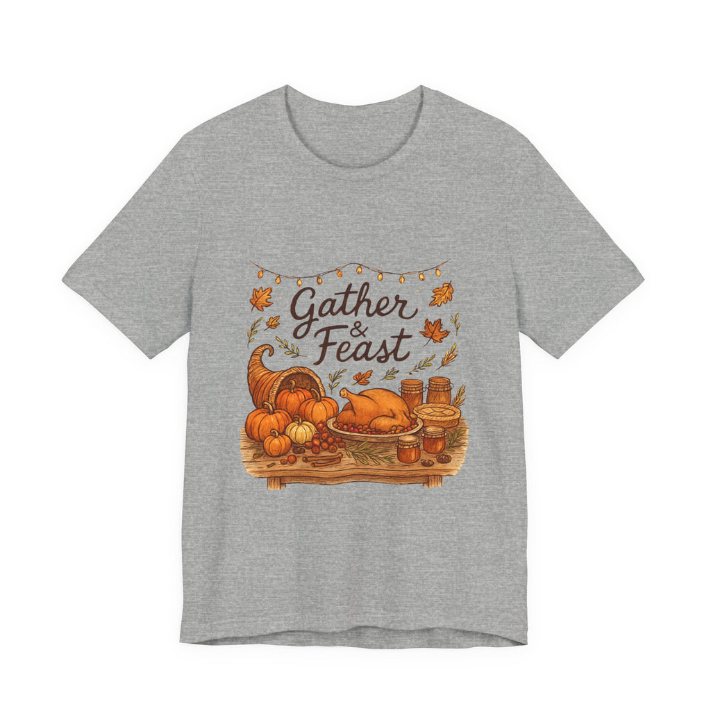 Gather & Feast Thanksgiving Tee — Autumn Cornucopia Fall Harvest Shirt