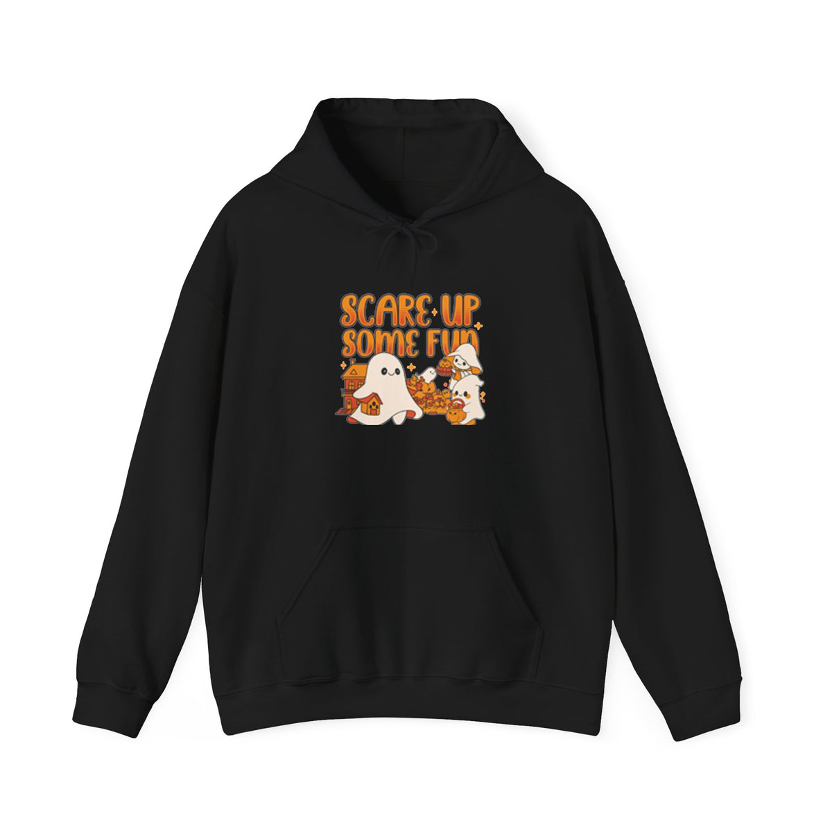 Happy Ghost Halloween Fun Hoodie, Cozy Sweatshirt, Fall Fashion, Gift for Her, Seasonal Apparel, Ghost and Pumpkin Design
