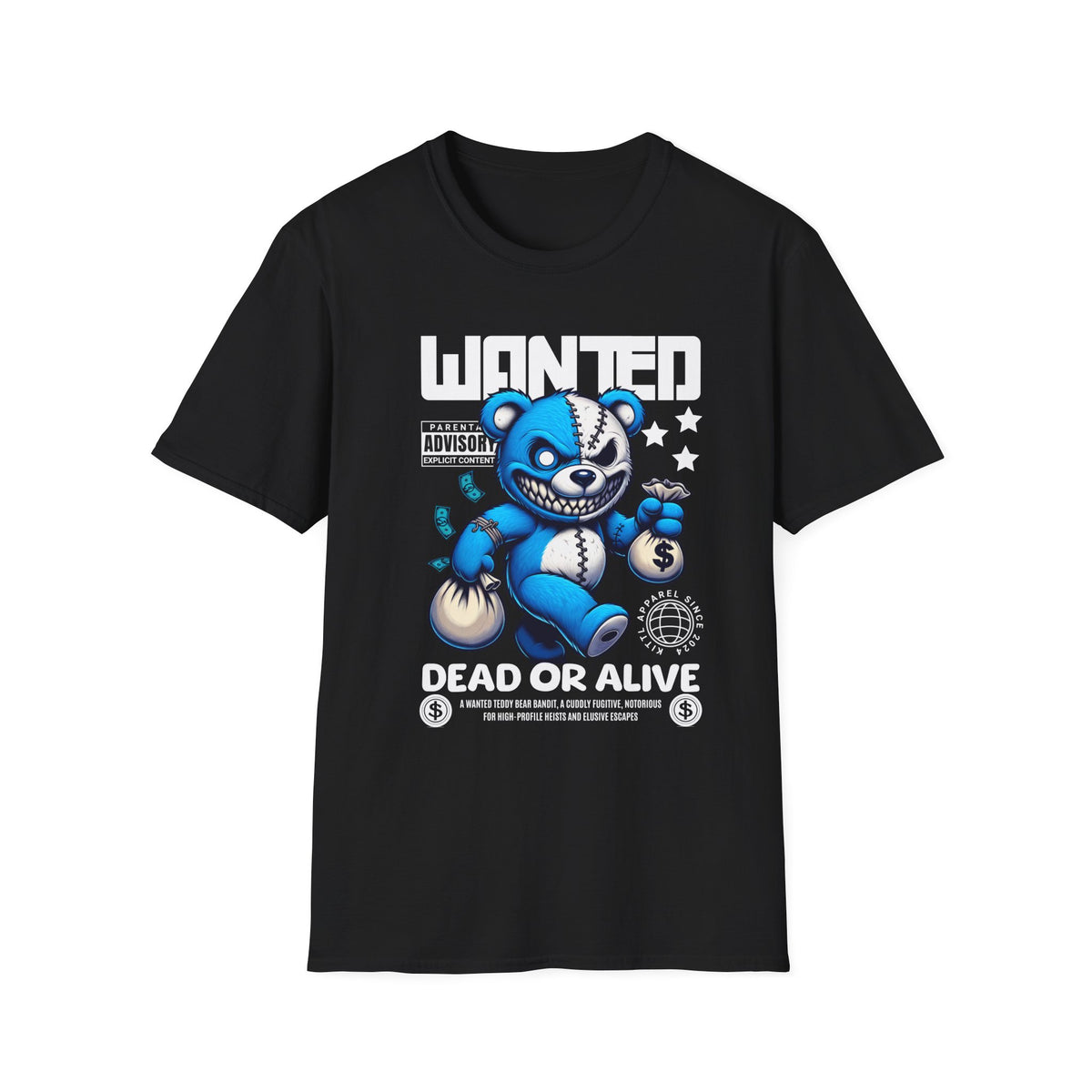 Wanted Dead or Alive Teddy T-Shirt — Edgy Blue Plush Graphic Tee