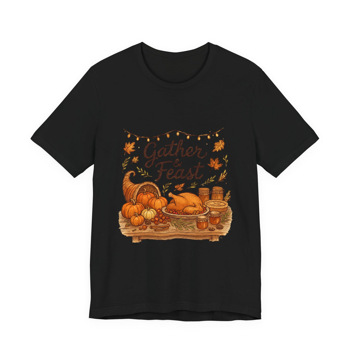 Gather & Feast Thanksgiving Tee — Autumn Cornucopia Fall Harvest Shirt