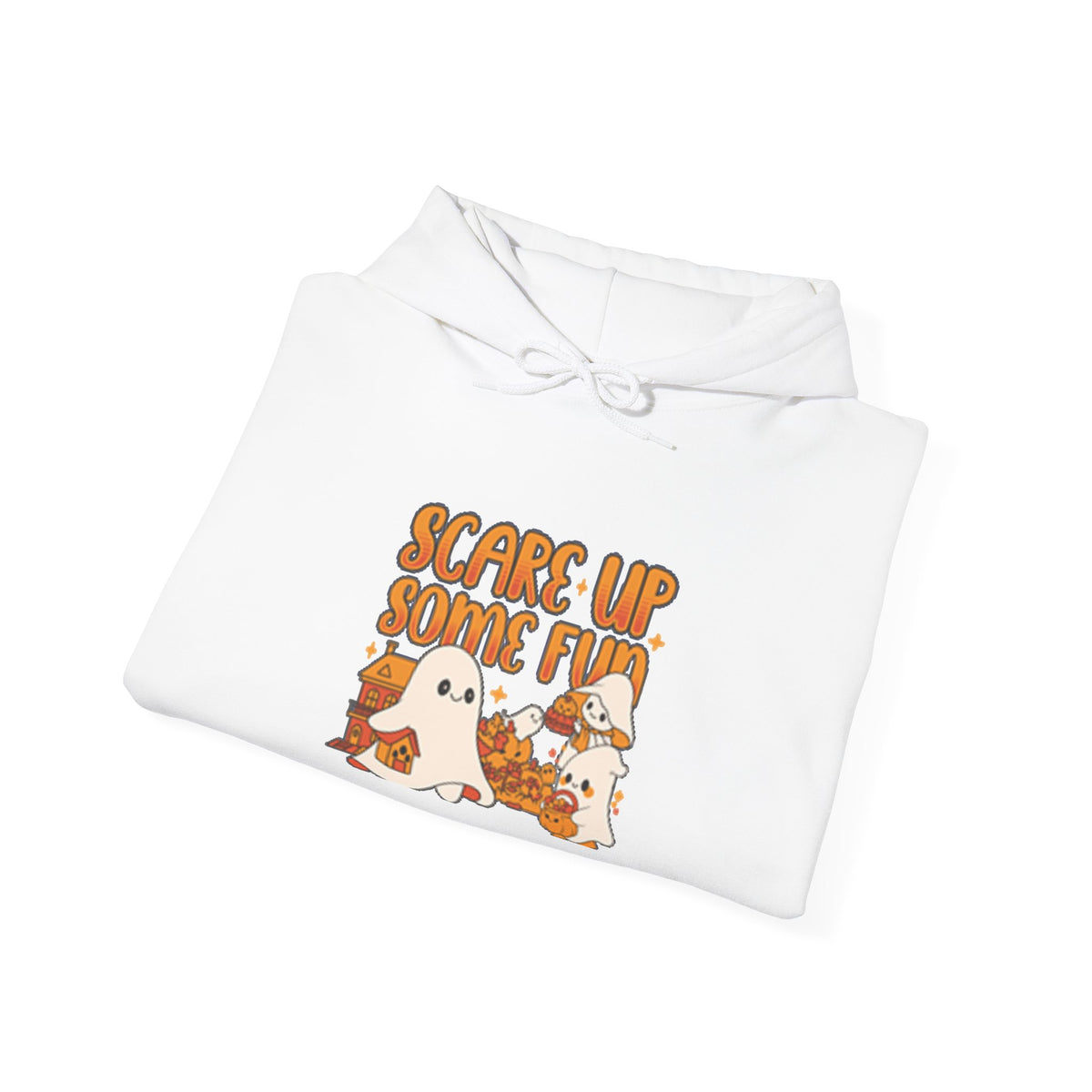 Happy Ghost Halloween Fun Hoodie, Cozy Sweatshirt, Fall Fashion, Gift for Her, Seasonal Apparel, Ghost and Pumpkin Design
