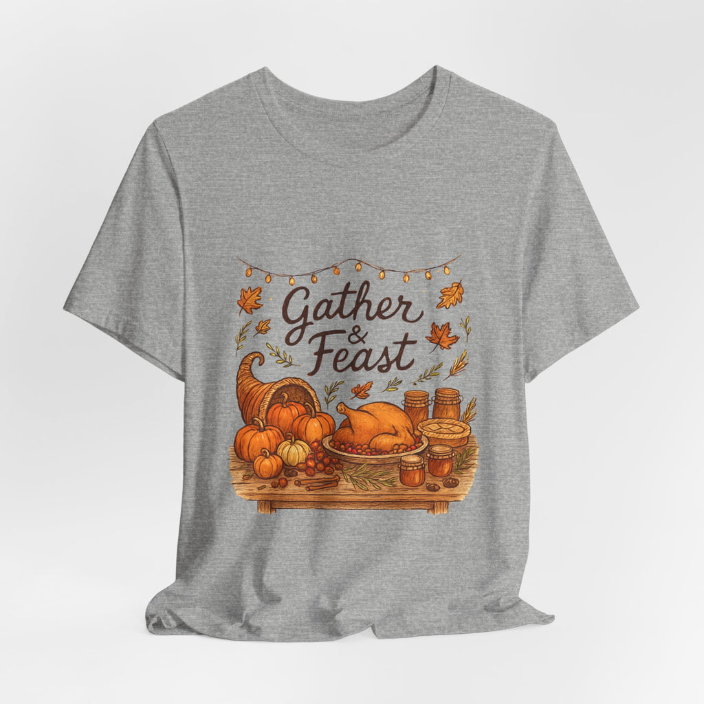 Gather & Feast Thanksgiving Tee — Autumn Cornucopia Fall Harvest Shirt