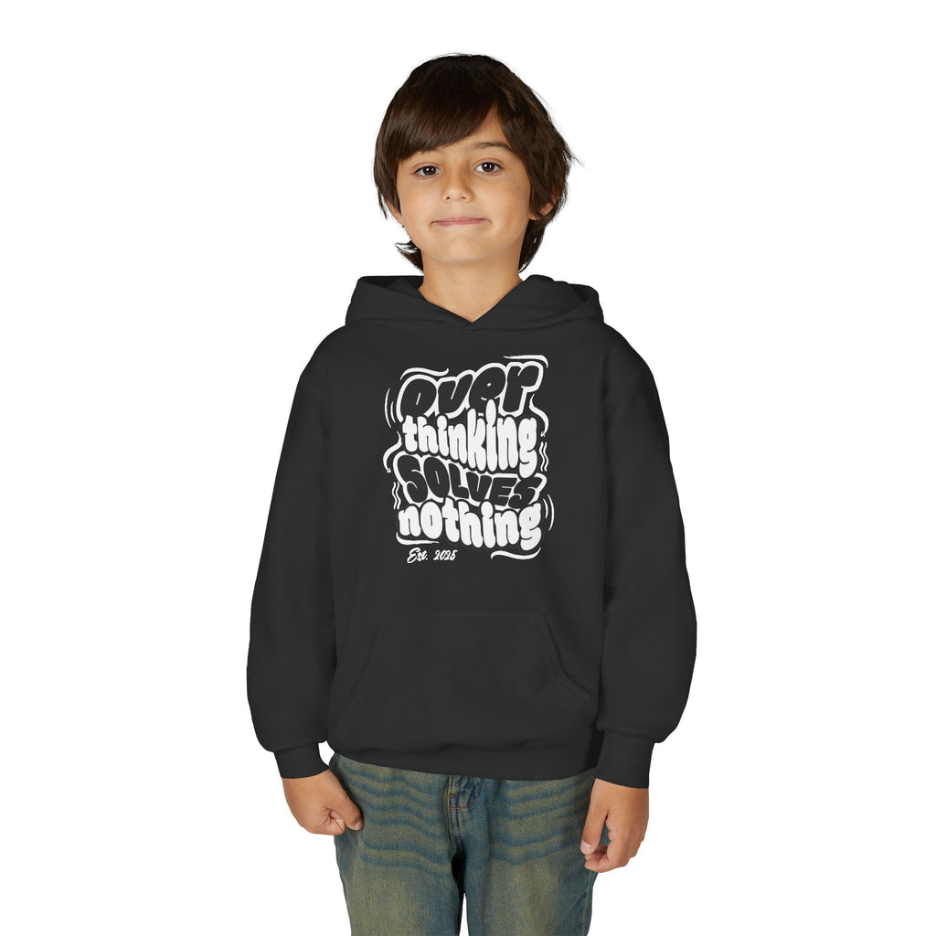 Youth Hoodie — "Overthinking Solves Nothing" Retro Bubble Letter Pullover