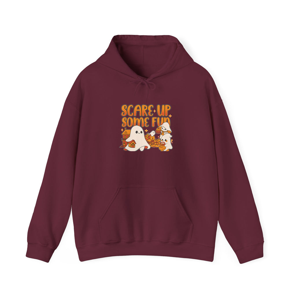Happy Ghost Halloween Fun Hoodie, Cozy Sweatshirt, Fall Fashion, Gift for Her, Seasonal Apparel, Ghost and Pumpkin Design