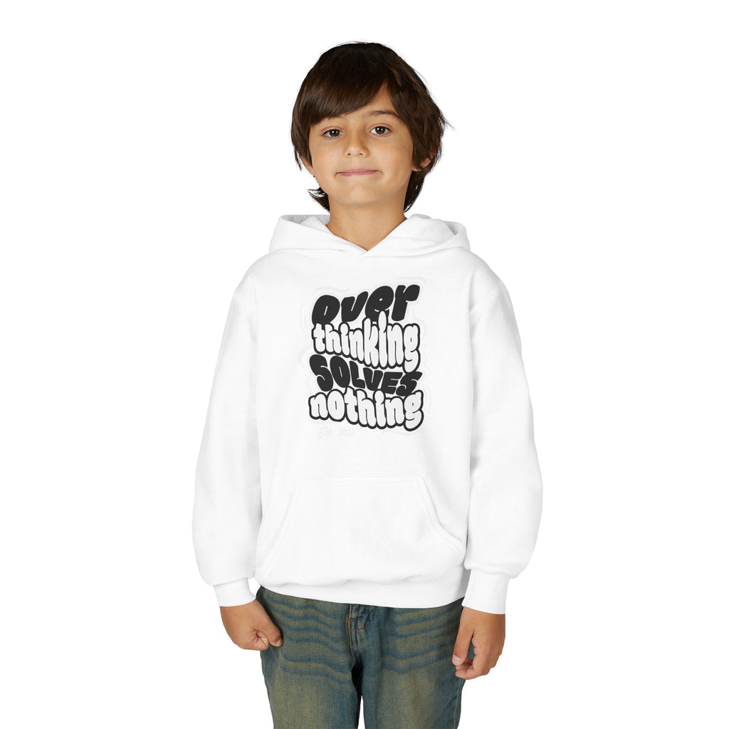 Youth Hoodie — "Overthinking Solves Nothing" Retro Bubble Letter Pullover