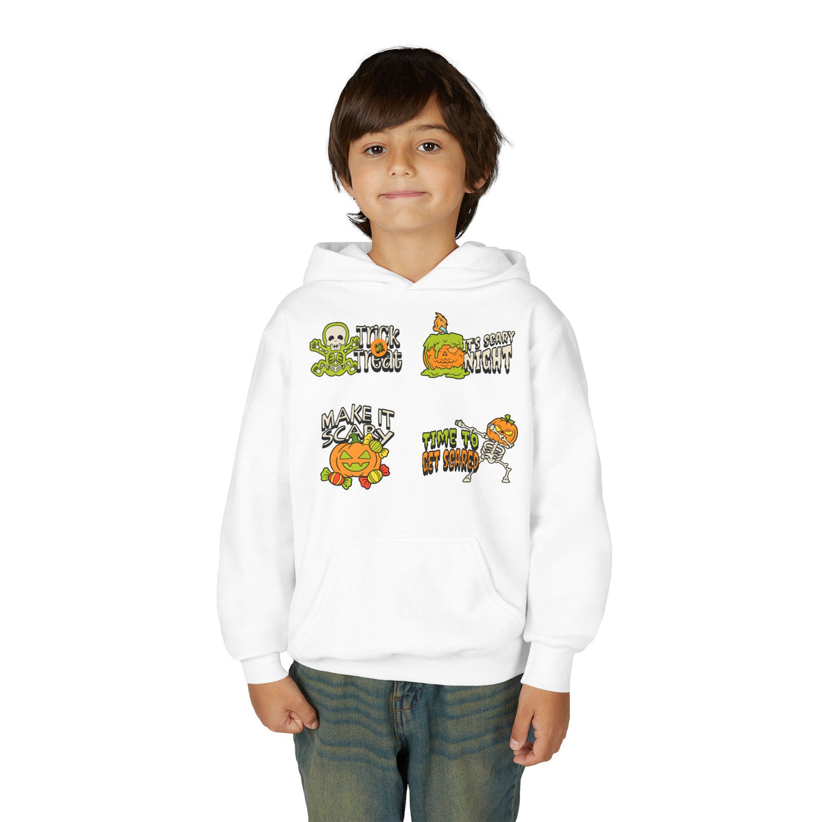 Youth Halloween Pumpkin Hoodie – Funny Spooky Character Graphic Sweatshirt