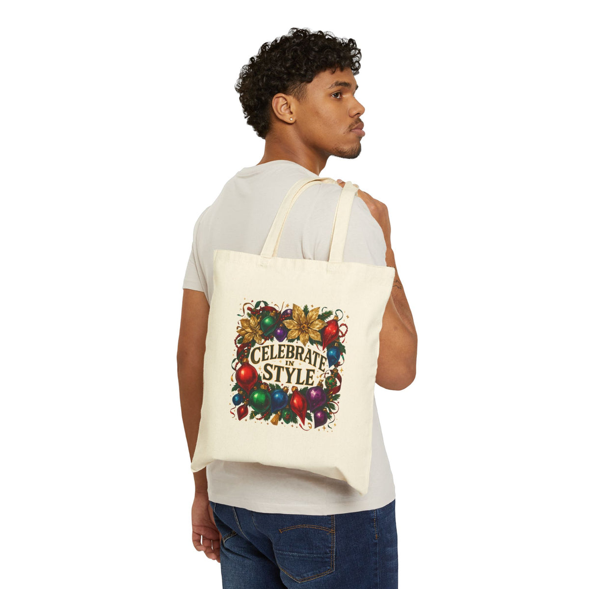 Celebrate in Style Holiday Tote Bag — Festive Ornament & Poinsettia Canvas Shopper