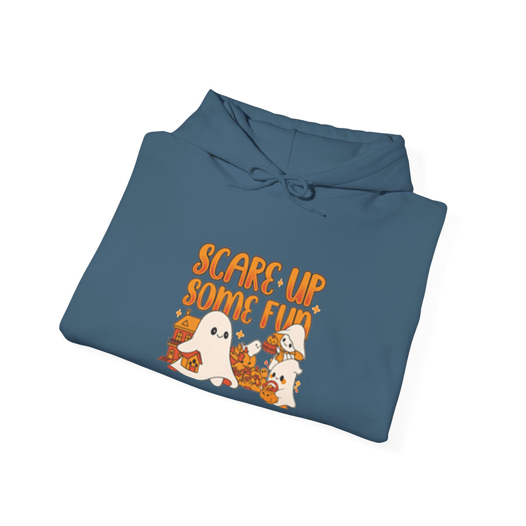 Happy Ghost Halloween Fun Hoodie, Cozy Sweatshirt, Fall Fashion, Gift for Her, Seasonal Apparel, Ghost and Pumpkin Design