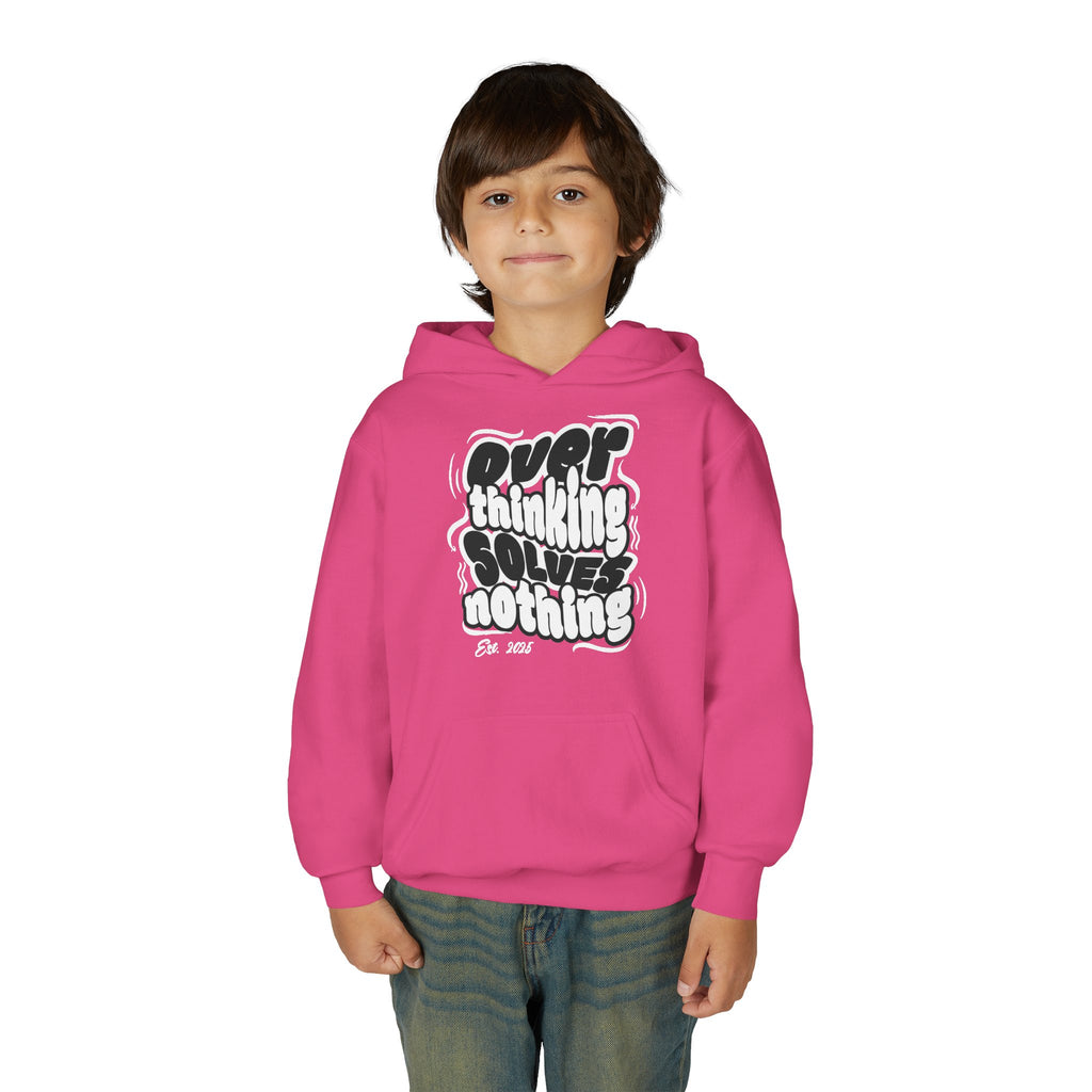 Youth Hoodie — "Overthinking Solves Nothing" Retro Bubble Letter Pullover