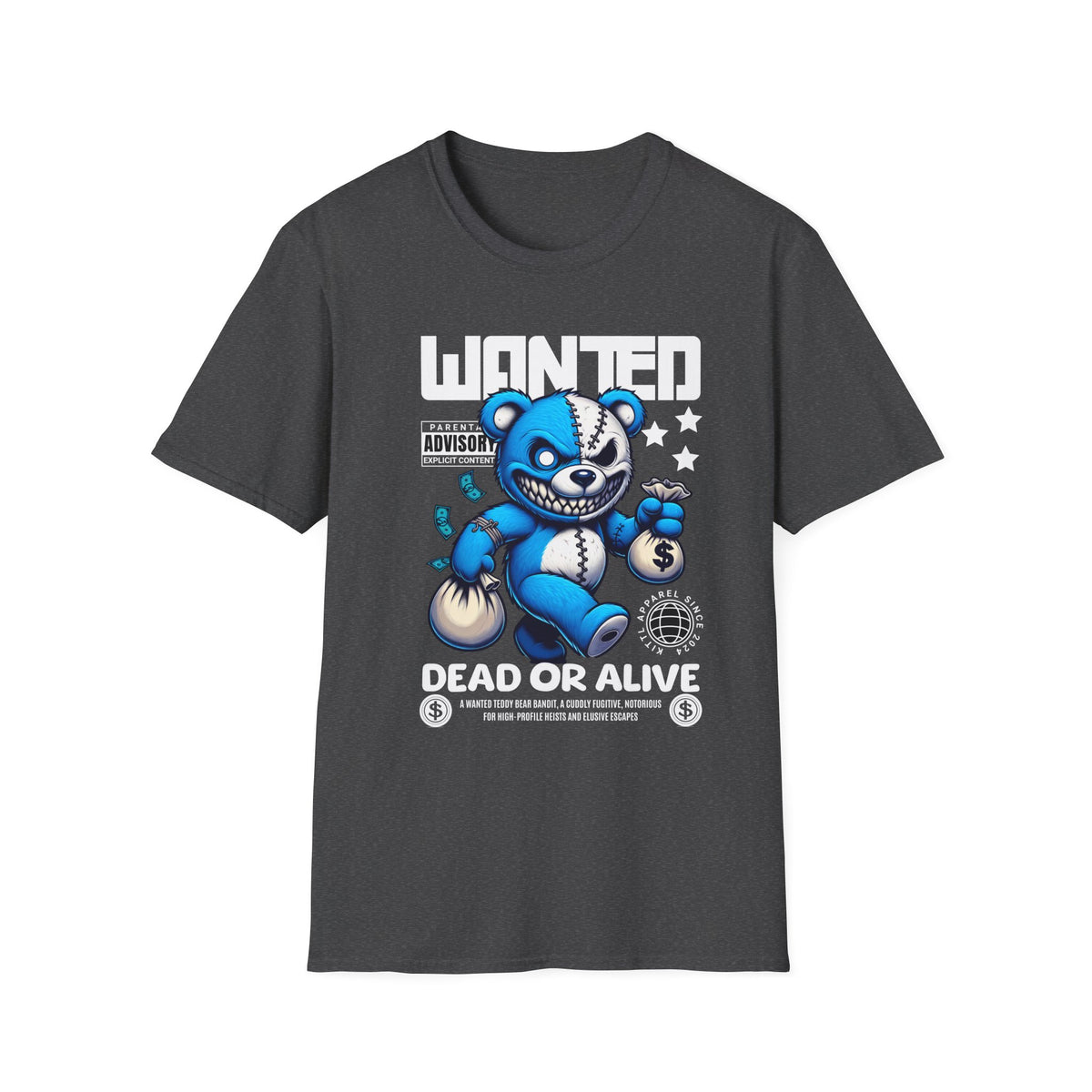 Wanted Dead or Alive Teddy T-Shirt — Edgy Blue Plush Graphic Tee